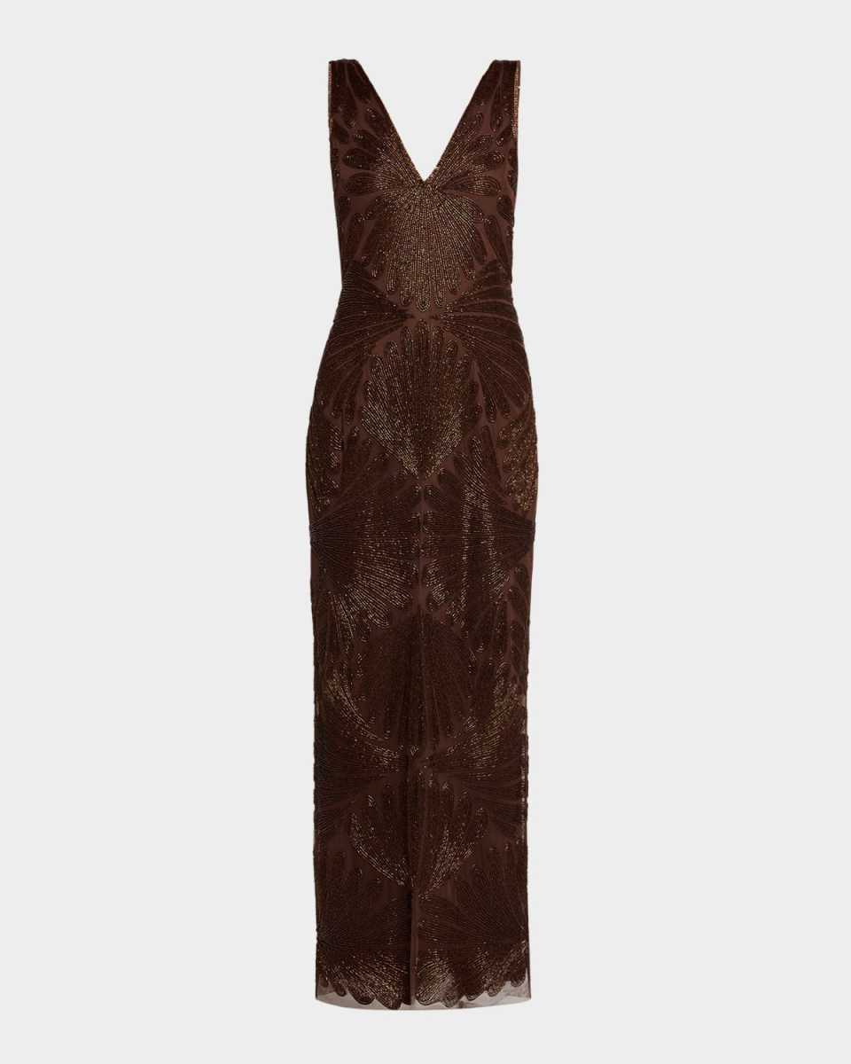 Backless Draped Beaded Column Gown